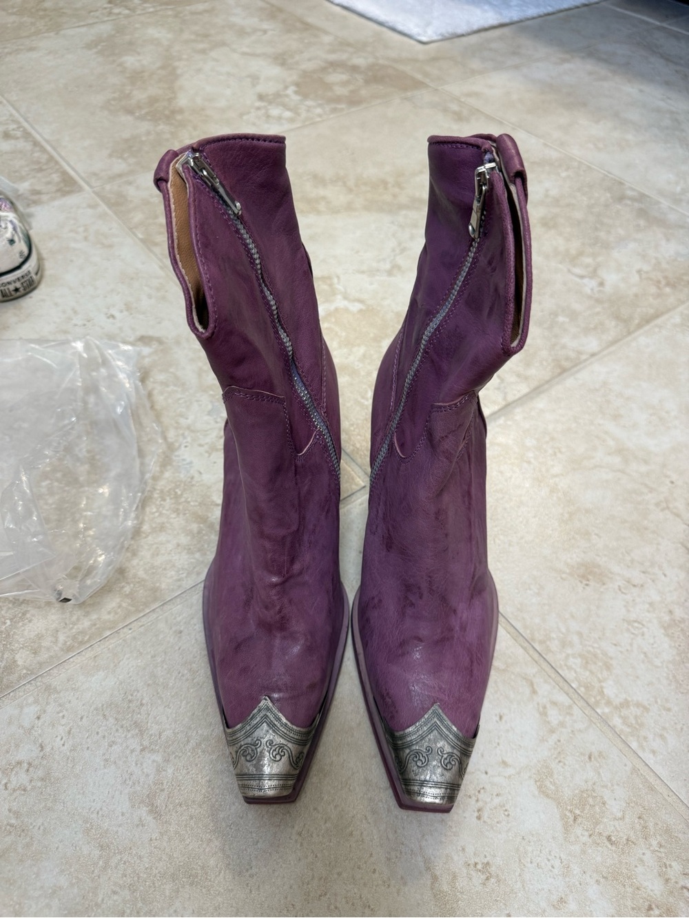 Free People Purple Leather Western Zip Ankle Boots with Silver Metal Toe